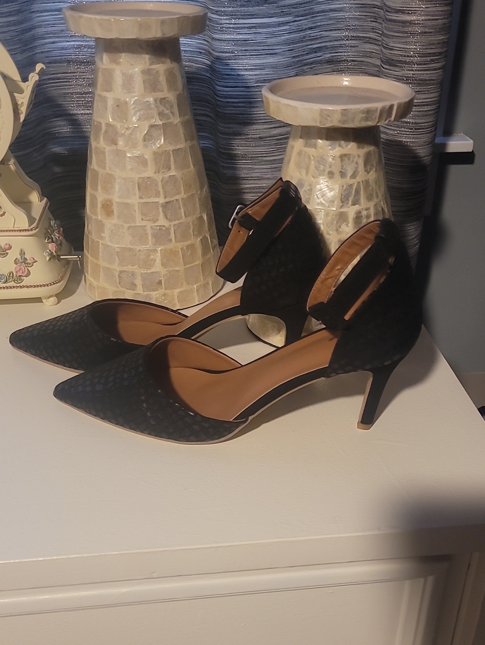 Pointed Ankle-Strap Heels in Black